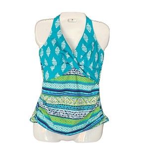 Lands End Tankini Swimsuit Top 8 Halter VNeck Twist Bra Ruched Batik Swim Top